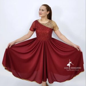 Vestido Recorte Godê Vinho com Dourado