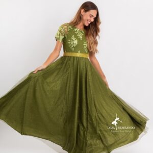 Vestido Tule Bordado Verde Oliva