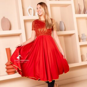 Vestido Recorte Godê Terracota com Dourado