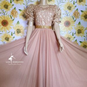 Vestido Florescer Nude e Dourado