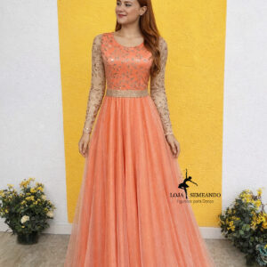 Vestido Folhas: Salmão com brilho Rosé