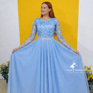 Vestido Folhas: Azul Serenity