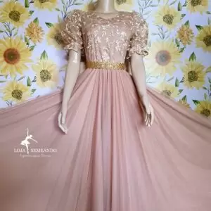 Vestido Florescer Nude e Dourado